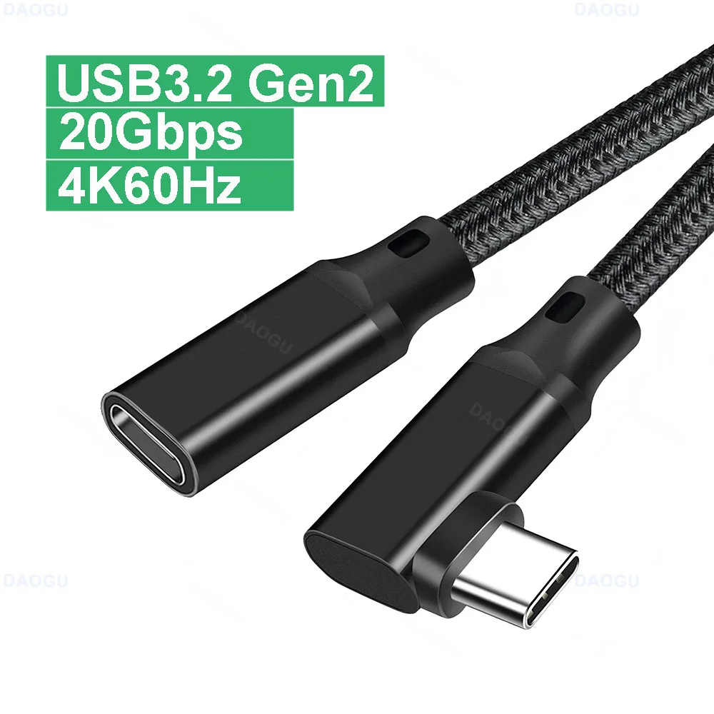 20Gbps USB 3.2 Gen2 Type C Extension Cable Male to Female 90 Degree Elbow 4K 60Hz Video Cable Fast Charg Extender Data Cord 3 2