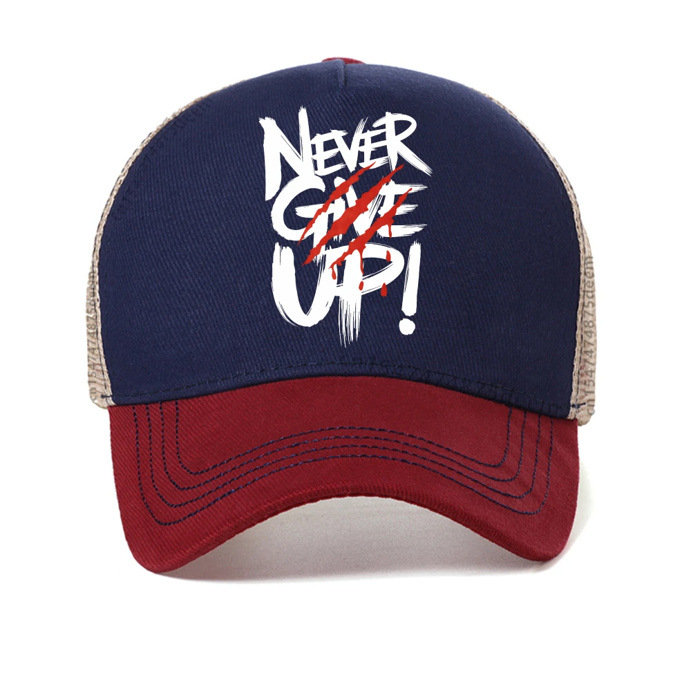 

Slogan Print Never Give Up! Letter baseball cap Men's Crew Neck Perfect Summer Casual hat fashion unisex mesh Snapback hats