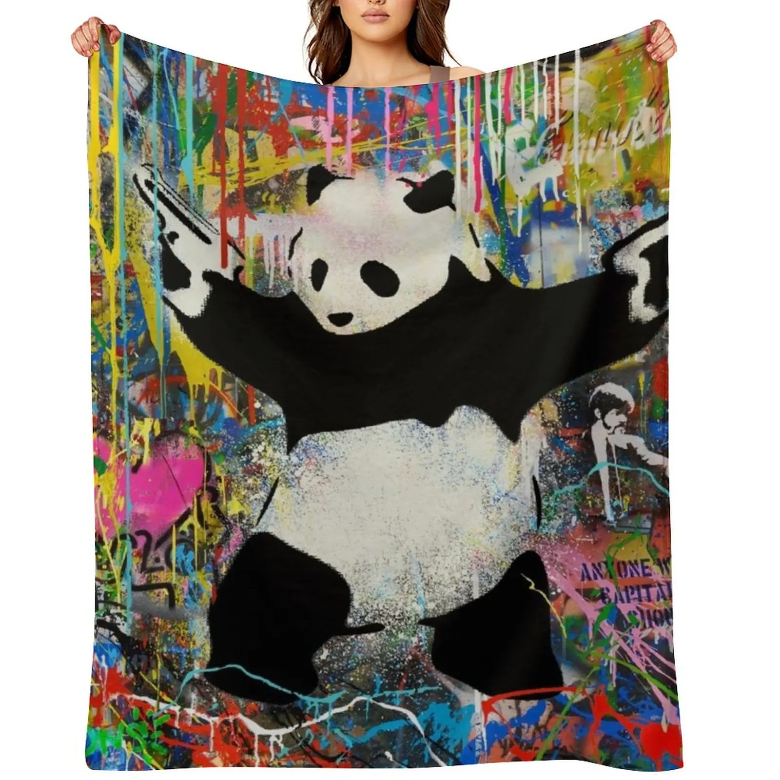 

Panda With Guns Stick Em Up - Pop Street Art Banksy Throw Blanket Bed Fashionable Weighted Winter beds Decoratives Blankets