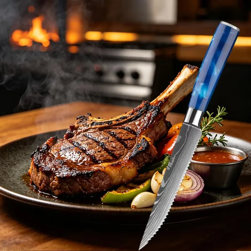 Super Sharp Stainless Steel Laser Damascus Pattern Steak Knife Set Beef Cleaver Multipurpose Restaurant Cutlery Table Knife view 5