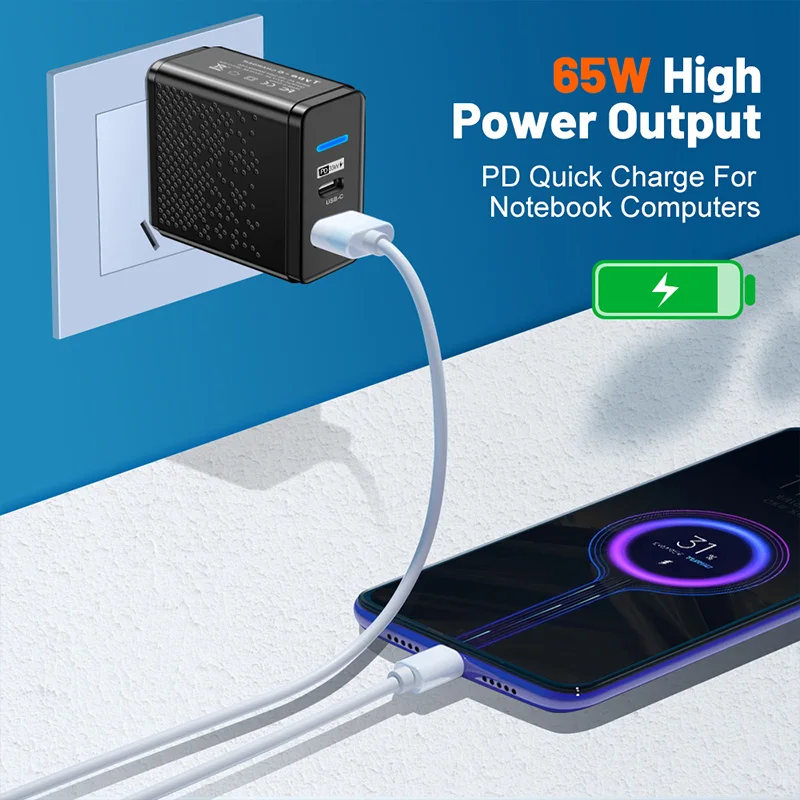 شاحن USB PD من النوع c بقدرة 65 وات، شحن للسفر لماك بوك اير آيفون، الاتحاد الأوروبي والمملكة المتحدة، رأس شحن الهاتف المحمول متعدد المنافذ مناسب