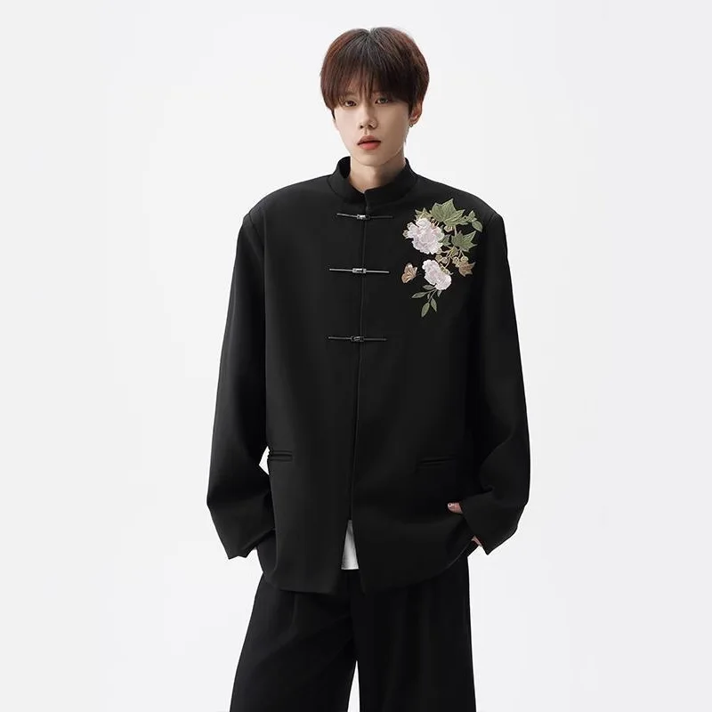 

High Quali Embroidered Manin Collar Suit Jaet for Men Wedding Busin Formal Wear Thiened Long Sve Double Slit