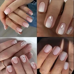 24pcs Short Square Head Fake Nails with Glue Gradient White Pink Press on Nails Simple Designs Ballet Full Cover False Nail Tips