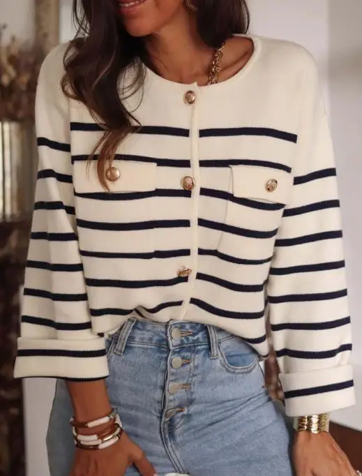 

2025 autumn and winter new sweater black and white striped button knit cardigan women's casual long sleeved sweater