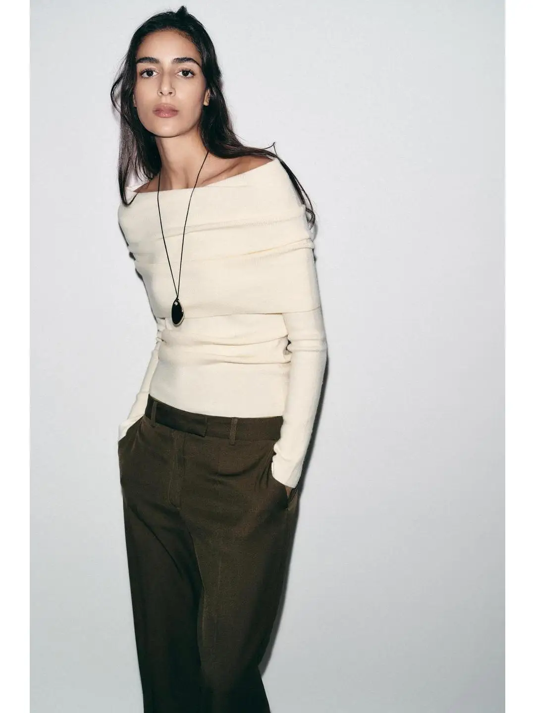 

Knitted Long Sleeve Straight Tube Top Princess Style with Shoulder Design And Ruffle Layered Wrap Princess Autumn Winter