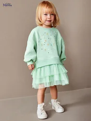 European And American Style Girls Long Sleeves Mesh Fleece-lined Casual Dress For 2-7Years Kids Cotton Cartoon Princess Dress