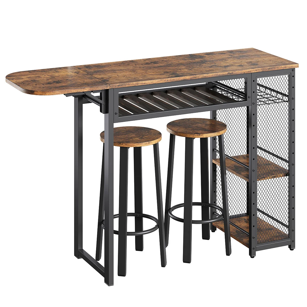 

Home Kitchen Rustic Industrial Wood Bar Dining Pub Table and Chairs Set with Storage Shelves