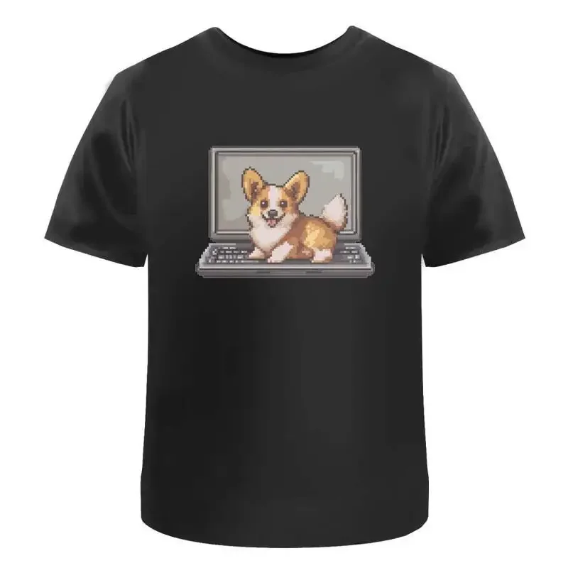 Welsh Corgi On Laptop Pixel Art' Cotton T Shirt Ta049882