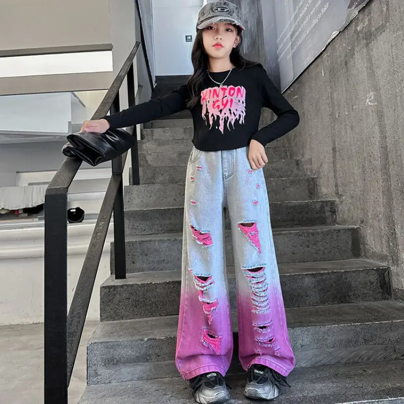 2024 Teenage Girls Hole Wide Leg Pants Fashion Loose Street Gradient Color Jeans for Kids Clothes 4-14Y School Children Trousers