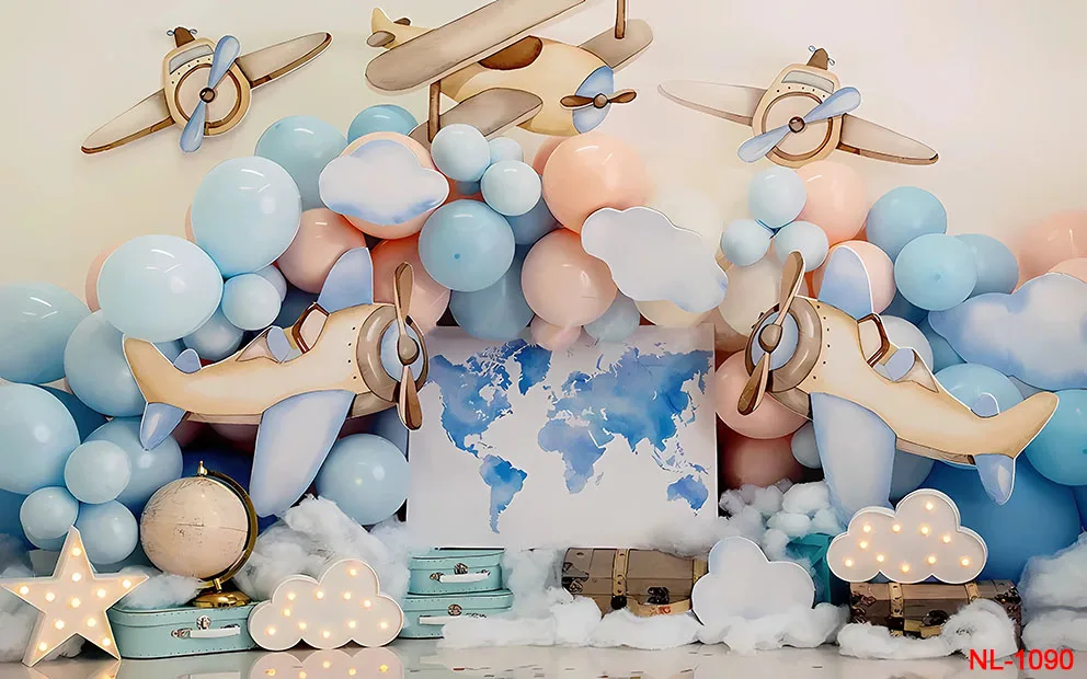 Photography Background Blue Sky White Clouds Vintage Airplane Boy Birthday Party Cake Smash Decor Backdrop Photo Studio