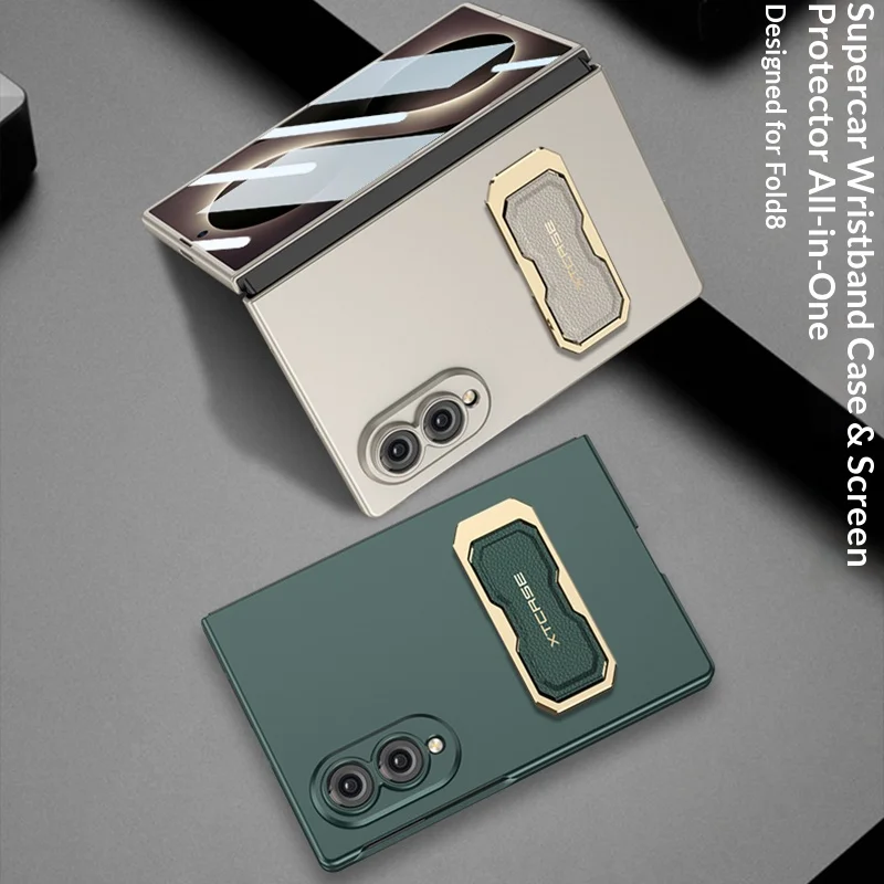 Funda con soporte plegable y correa para muñeca para Samsung Galaxy Z Fold 8 Fold8 Wide, PC con sensación de piel, incluye protector de pantalla 2