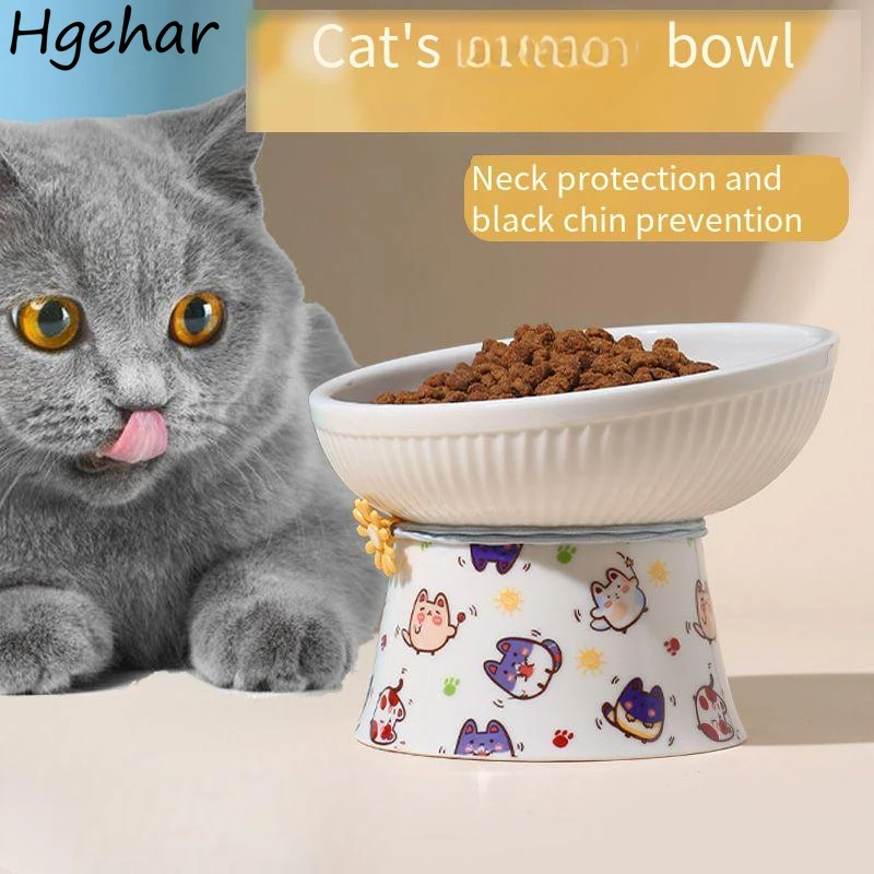 Ceramic Cat Food Bowl Anti-bacteria Easy To Cleaning Pet Supplies Water Food Feeder Cute Kitten Accessories Protect Neck Home