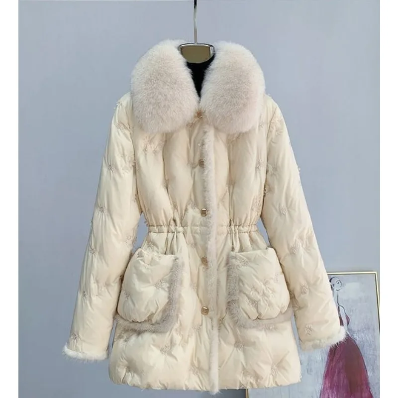 Faux Nerz Weiße Entendaunen Slim-Fit Mantel für Frauen High Fashion Jacke Winter Neue Abnehmbare Faux Fuchs Pelz Kragen Pelz Daunenjacke