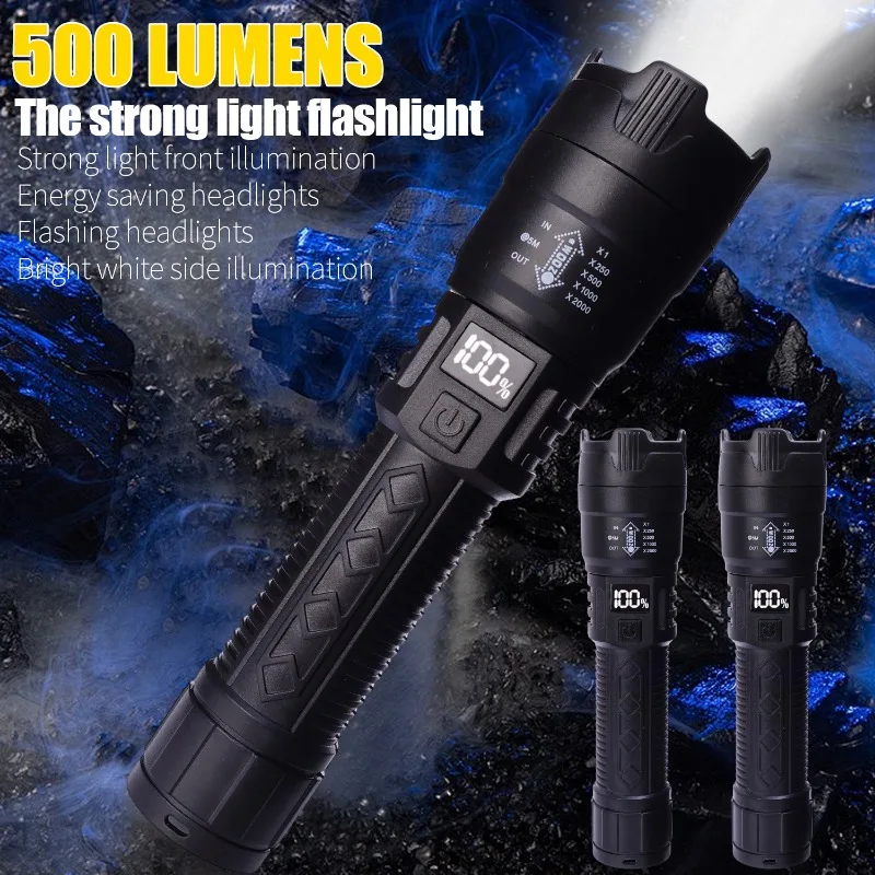 Ultra Bright LED Flashlight 500LM Type-C Rechargeable Long Range Zoom Tactical Torch Outdoor Emergency Camping Fishing Lantern