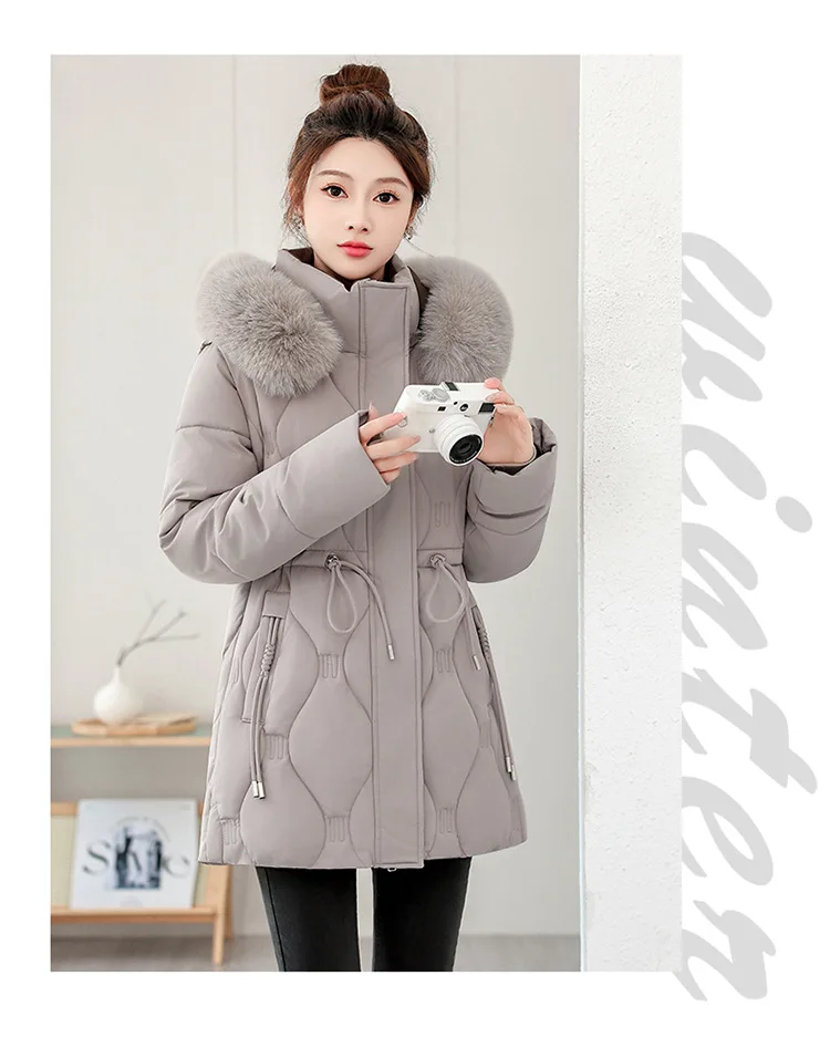 Simple Solid Color Large Fur Collar Hooded Removable Long-sleeved Down Cotton Jacket Women's 2025 Winter Thickened Warm Jacket