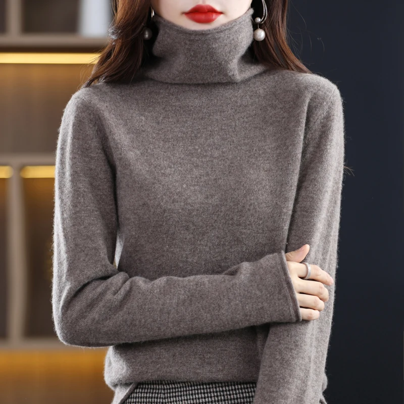 100% wool turtleneck sweater new solid color high-end loose Joker knit pullover woman