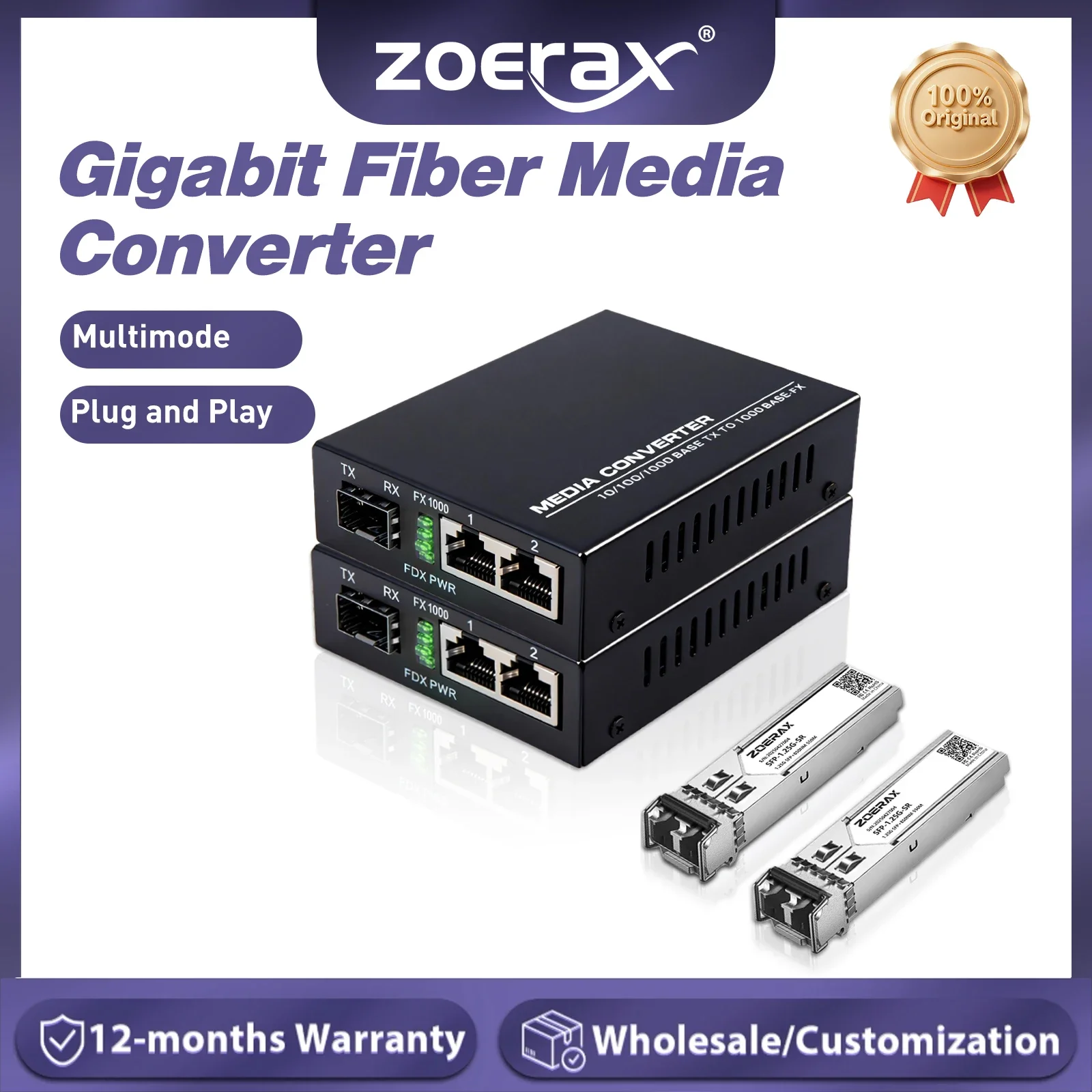 

ZoeRax Gigabit Fiber Media Converter: 1 порт SFP, 2 порта RJ45, 1.25G SFP LC, многомодовый оптоволоконный трансивер для Ethernet