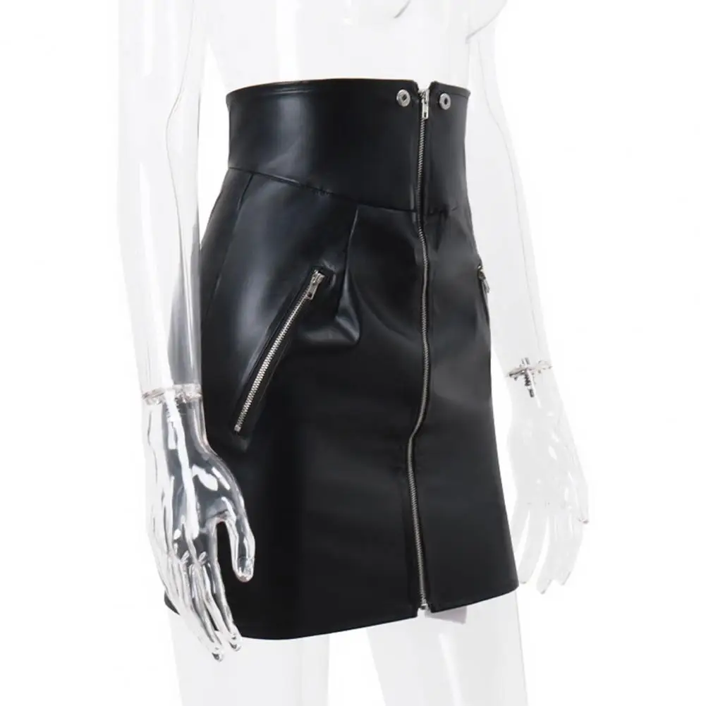 

Punk Style Skirt Sexy High-waist Faux Leather Skirt with Zipper Closure Pockets Punk Style Women's Winter Mini Skirt Slim Fit