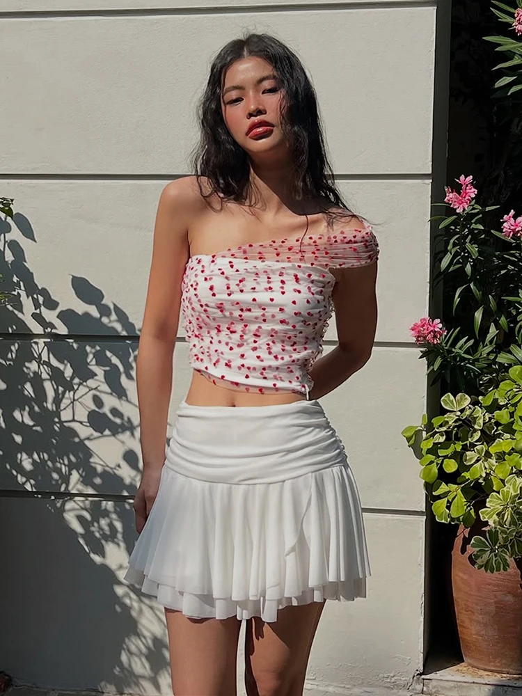 Weird Puss Sweet Folds 2-teiliges Set Love Print Patchwork Single Shoulder Tank Tops + mehrschichtige Mesh-Röcke Slim Matching Clubwear