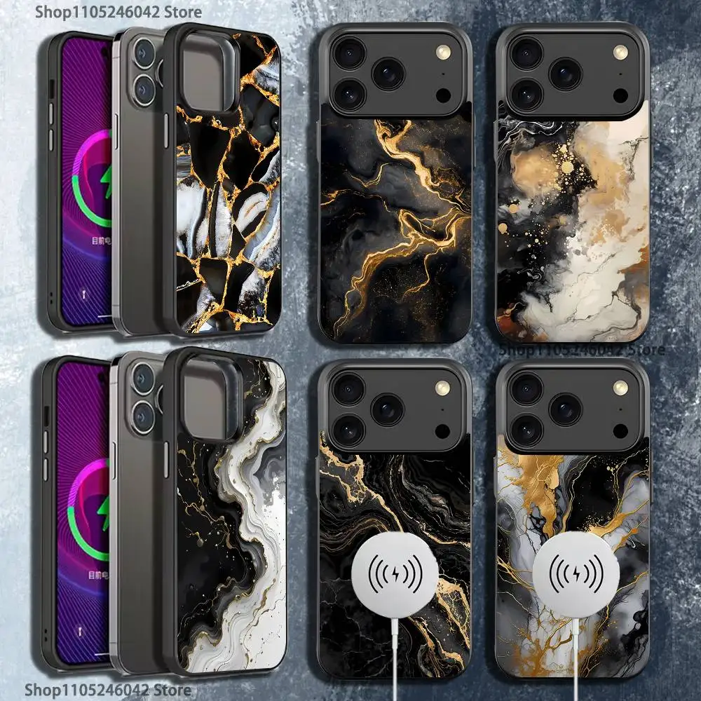 

B-Black Gold Marble Art Black Phone Case For iPhone 17,16,15,14,13,12,11,Pro,Max,Plus,Mini,SE4,E Magnetic Wireless Charging