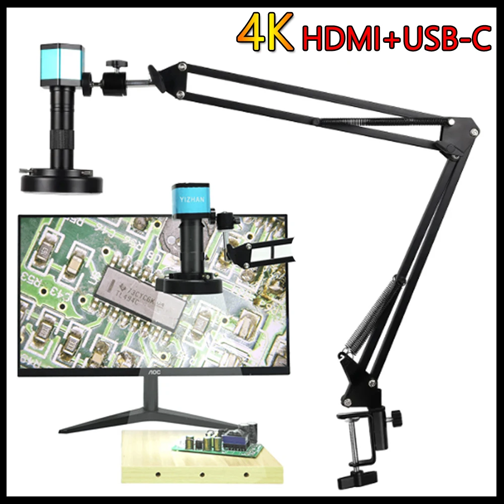 

4K 48MP HDMI USB-C 60FPS Monocular Video Microscope Sets Full HD Digital Camera C-Mount 150X Lens 56LED Light For Repair Solder