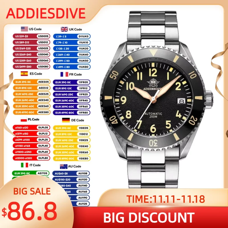 ADDIESDIVE-Montre-Bracelet existent en Acier Inoxydable pour Homme, NH35, Mécanique, Saphir, Clip, Mode, Plongée, 200m, Super Lumineux