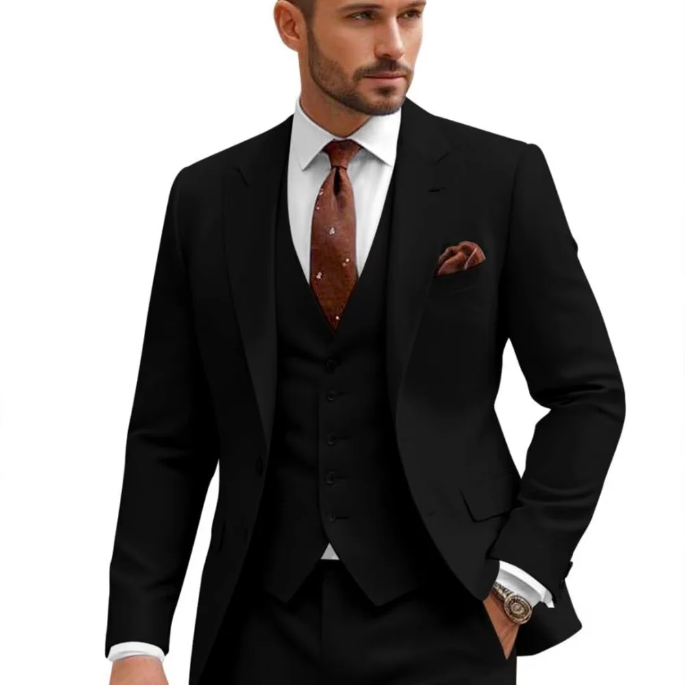 Button Solid Shawl Lapel Blazer Jacket Men's Slim Fit 3 Piece Suit One  Vest Pants Set with Tie Pocket Square