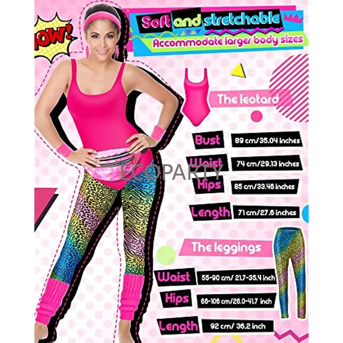 7 Pcs 80s Fancy Workout Costume 80s Accessories Set 80s 90s Leotard Legging Headband Wristbands Leg Warmers Earrings Fanny Pack