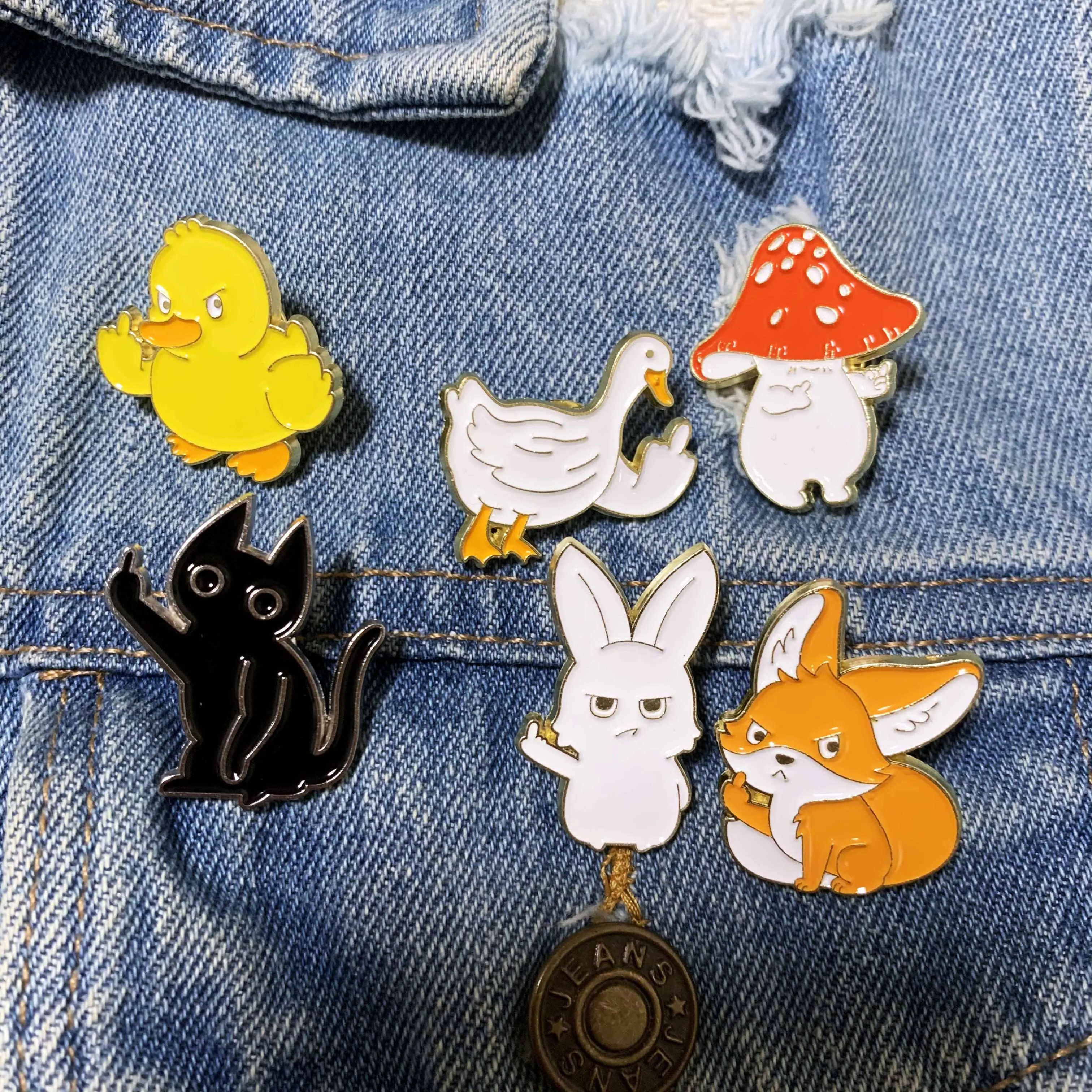 Rude Animal Enamel Pins Goose Cat Rabbit Duck Fox Mushroom with Middle Finger Brooch Lapel Badges Flip The Bird Jewelry Gift