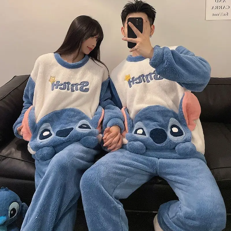 

Disney Stitch Cute Cartoon Couple's Sleepwear Women Winter Coral Fleece Men Casual Home Suit Set Simple Design New Loose Pajamas