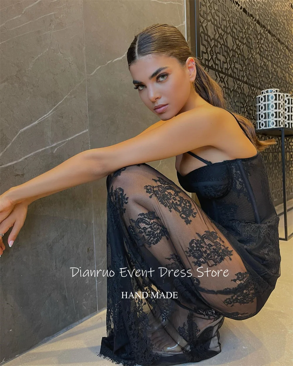 Dianruo Черное кружевное иллюзионное вечернее платье Длинное без бретелек Vestido De Novia Bodycon Spaghetti Strap Robe Soirées Chic Customized