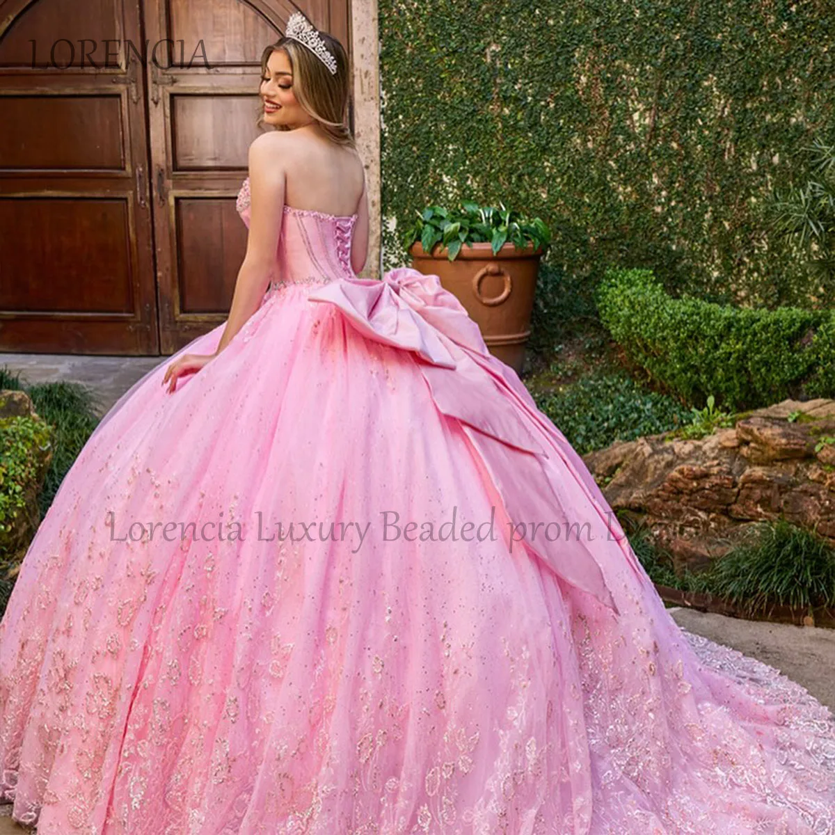 Appliques di paillettes rosa abito Quinceanera elegante fiocco con spalle scoperte 2024 compleanno dolce 15 16 abito Fowers vestidos de 15 asenos