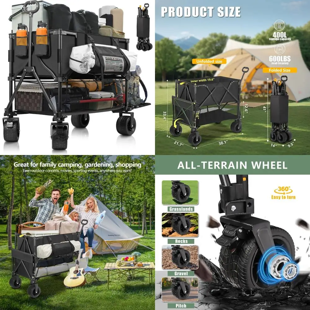 Heavy-Duty Collapsible Utility Cart with Large Wheels for Outdoor Adventures, Beach, Camping - 600LBS Capacity, 400L Storage