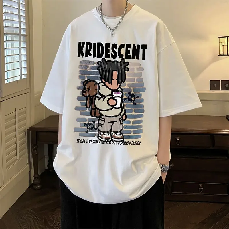 Cotton Short Sleeve T-shirt MenSummer American High Street Hip Hop Large Round Neck Trendy Brand INS Loose Versatile T-shirt