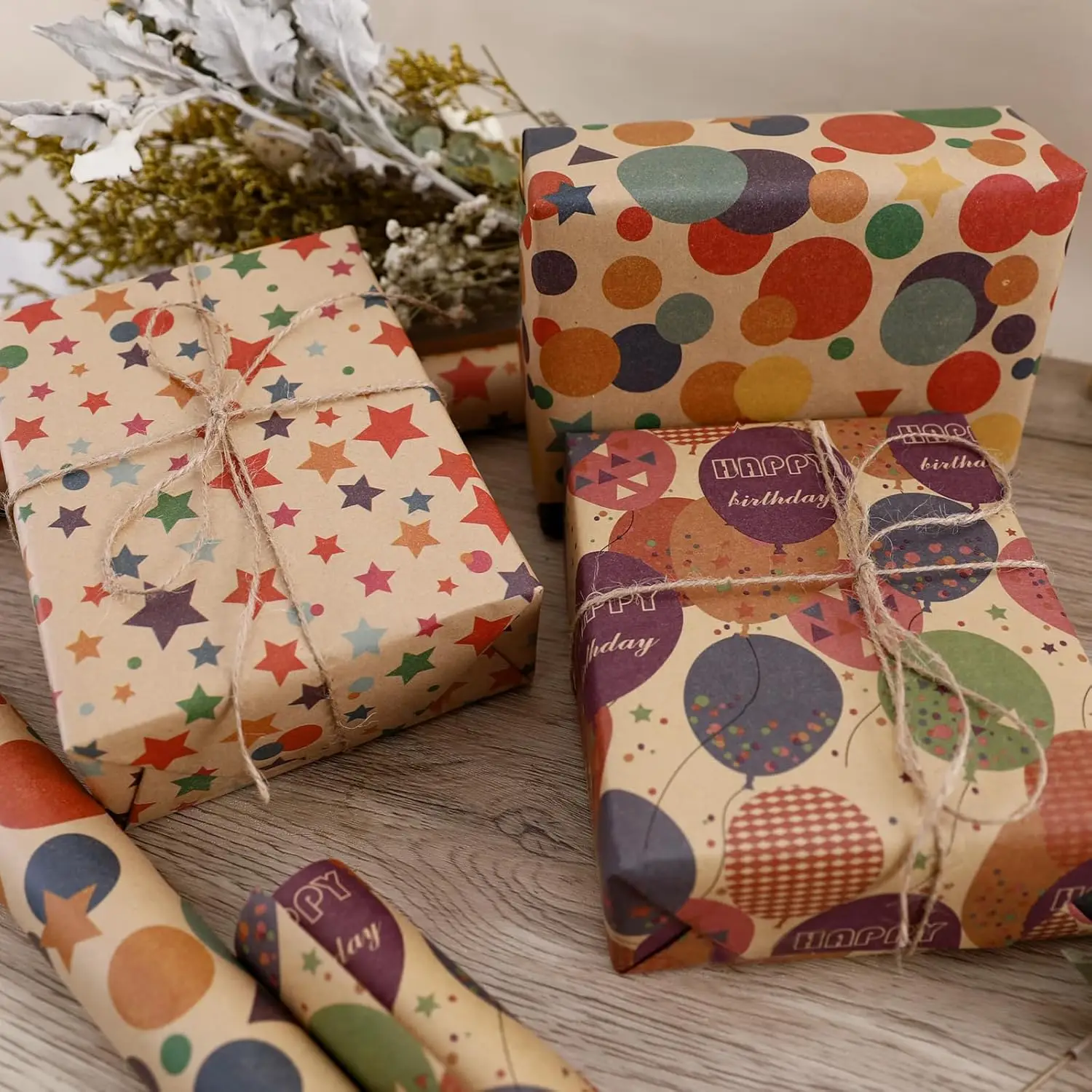 Kraft Wrapping Paper Roll Colorful Text Happy Birthday Design Perfect for Birthday Holiday Wrap 17 inch X 33 feet view 3