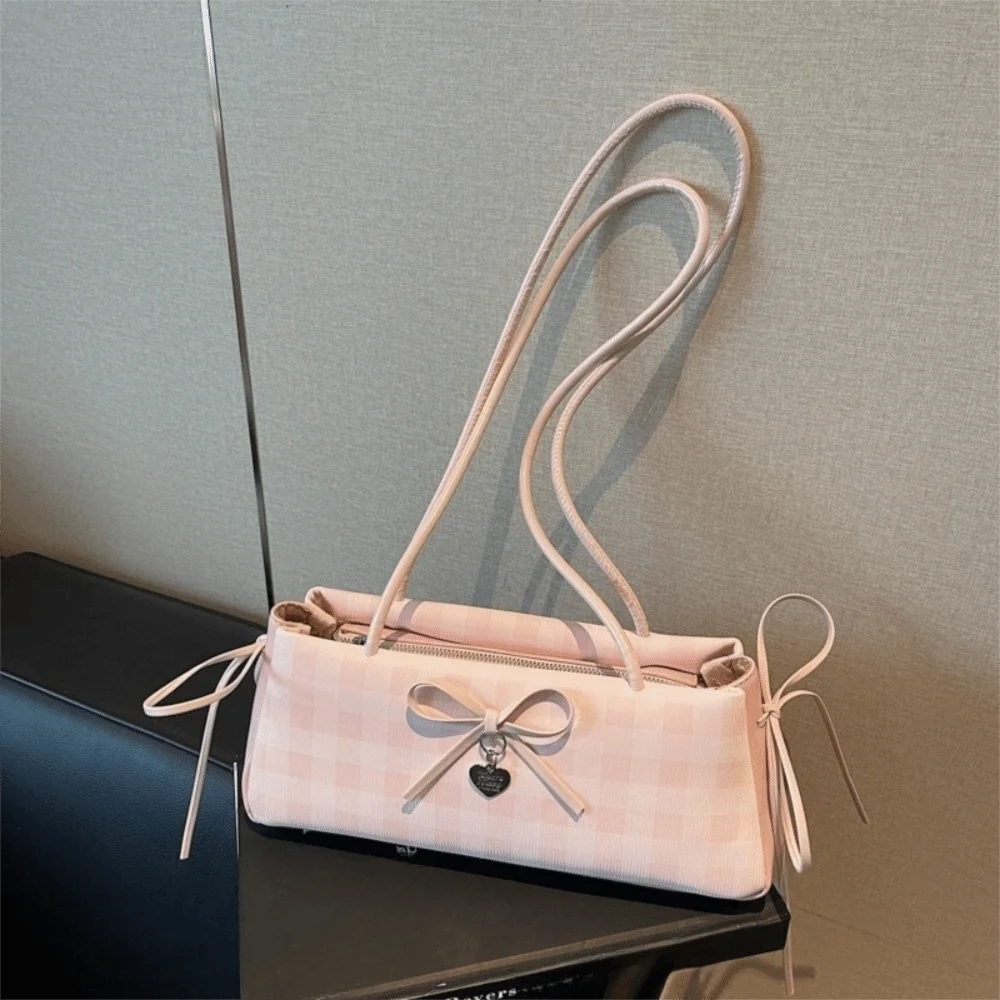 

Универсальная клетчатая сумка с французской палкой Y2K, корейский стиль, сумка на плечо из искусственной кожи, большая вместительная сумка высокого качества с бантом, сумки для подмышек на каждый день