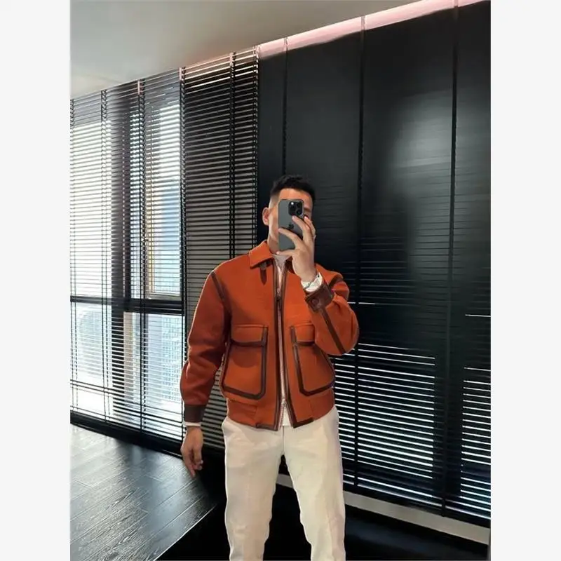 

Casual Sle Orange Collar Jaet Men's ort Waist-Cinching Trendy Outerwear High-End Feel Seven-Sve V-Ne M Faion