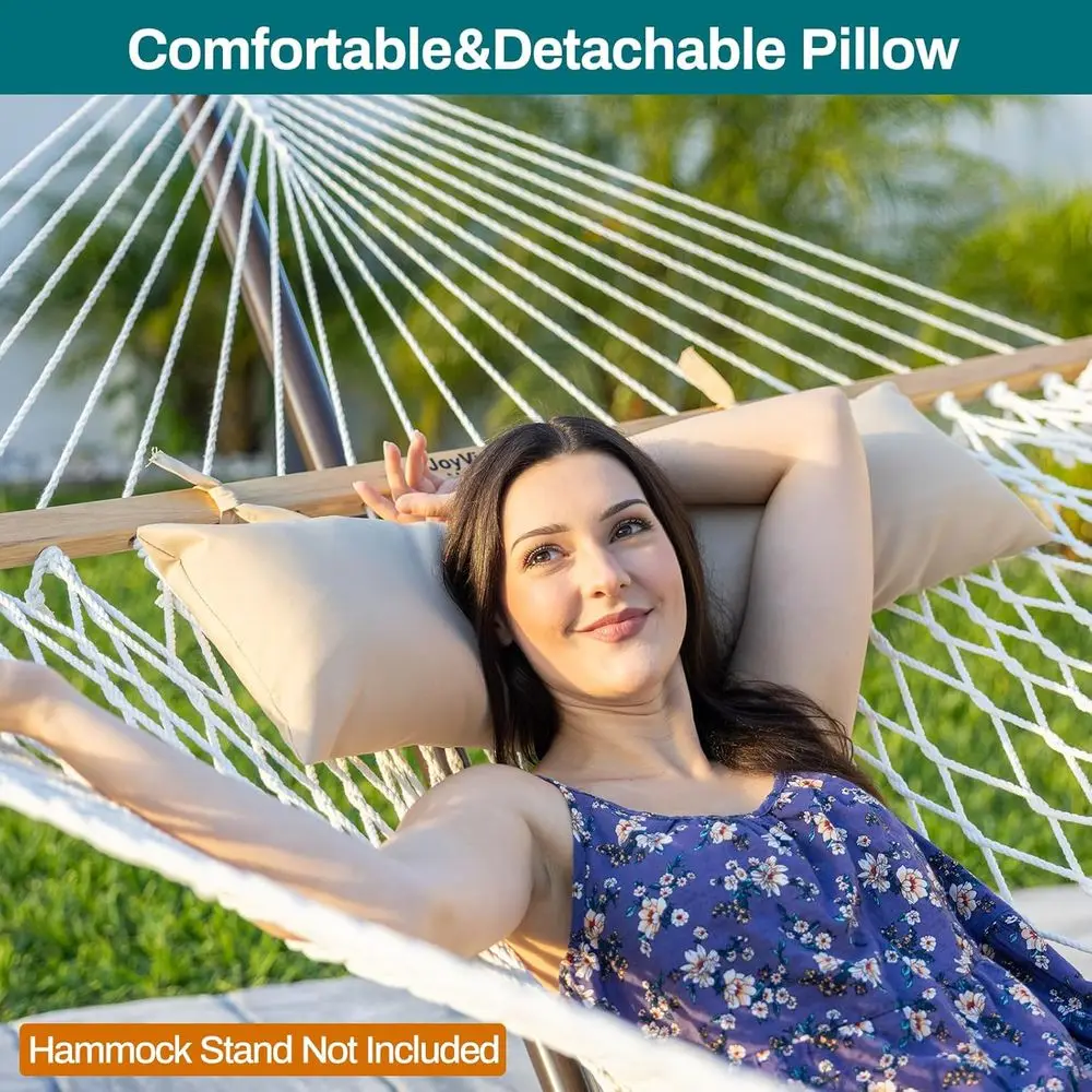 Amaca doppia in cotone con barra e cuscino in legno duro, capacità 450 libbre, adatta per uso esterno e interno, nera