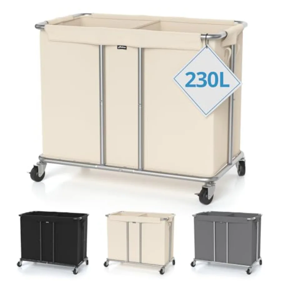 

230L Rolling Laundry Hamper 2-Section Laundry Basket with Wheels 61 Gallons Laundry Sorter with Metal Structure and Removable L