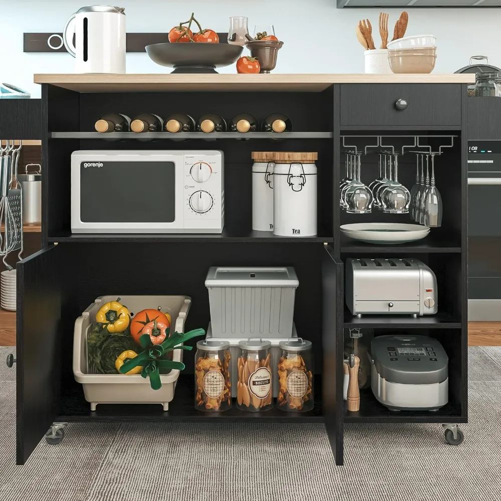 Rolling Kitchen Island Cart with Drop-Leaf and Wine Rack, Microwave Rack Serving Cart on Wheels with Drawer & Shelves