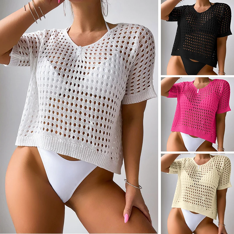 

Knitting Loose Swimsuit Cover-Ups Fashion Neckline With Buttons Beach Holiday See-Through Sunscreen Top Casual Beachwear