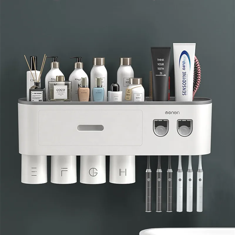 

Toothbrush Holder Automatic Toothpaste Squeezer Wall Mounted Storage Rack Organizer With Mouthwash Cup Bathroom Accessories