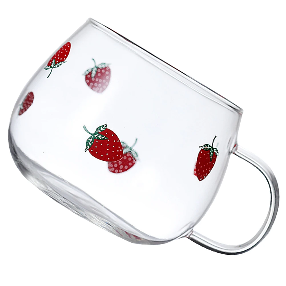 

Strawberry Print Glass Milk Cup Large Capacity Clear Coffee Mug Heat Resistant Glass Cups Comfortable Handle for Home Office