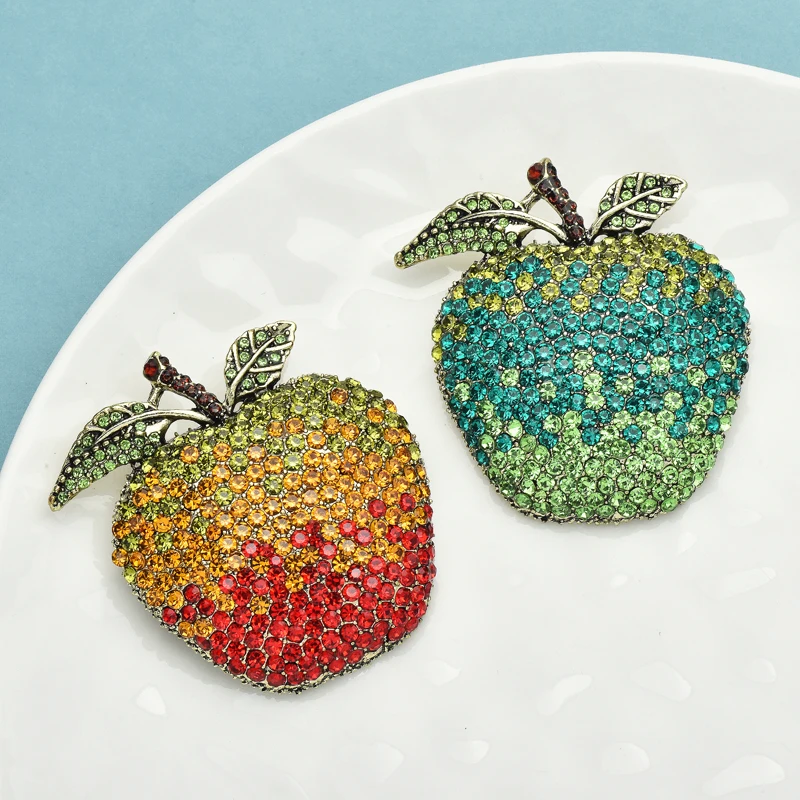 Wuli&baby Big Shining Apple Brooches Pins 2-color Rhinestone Beautiful Fruits Women Unisex Party Office Brooch Gifts