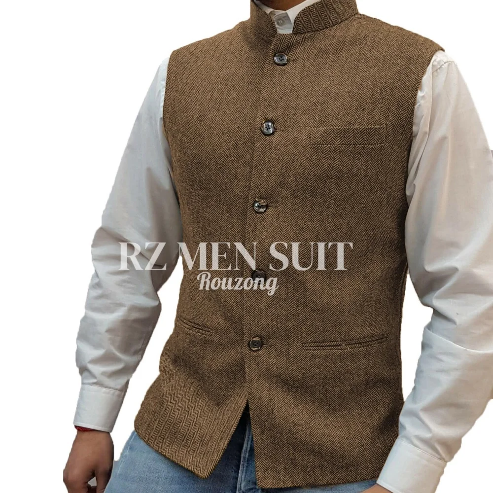 

Mens Herringbone Wool Vests Suit Business Tweed High Collar Waistcoats Slim Fit chaleco para hombre