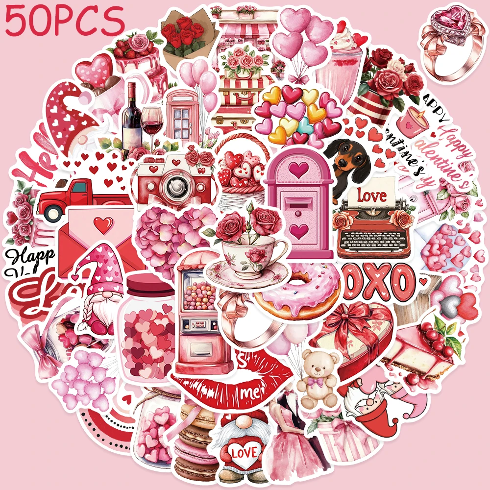 50pcs Cartoon Pink Valentine's Day Stickers Decals For Phone Scrapbook Suitcase Refrigerator DIY Graffiti Aesthetic Stickers