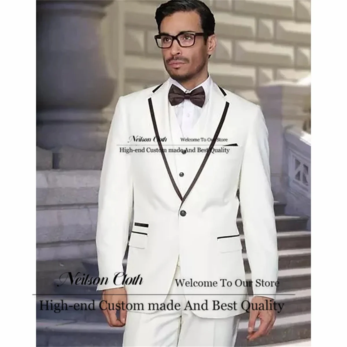 

Business White Men Suits Notched Lapel Groom Wedding Tuxedos 3 Pieces Sets Male Prom Blazers Slim Fit Groomsmen Terno Masculino