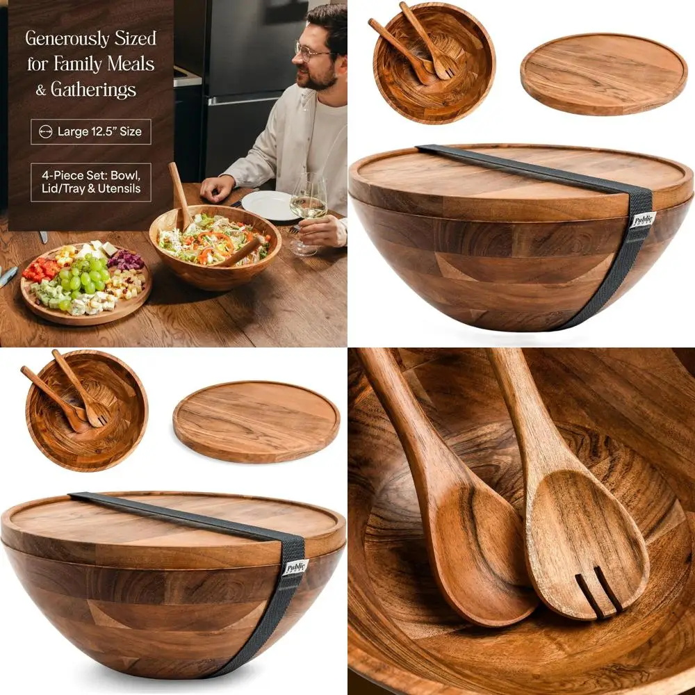 

Набор салатников из акации 12,5 дюймов с инструментами для сервировки, крышкой-подносом и ремнем для переноски, для фруктов, блюд и сервировки