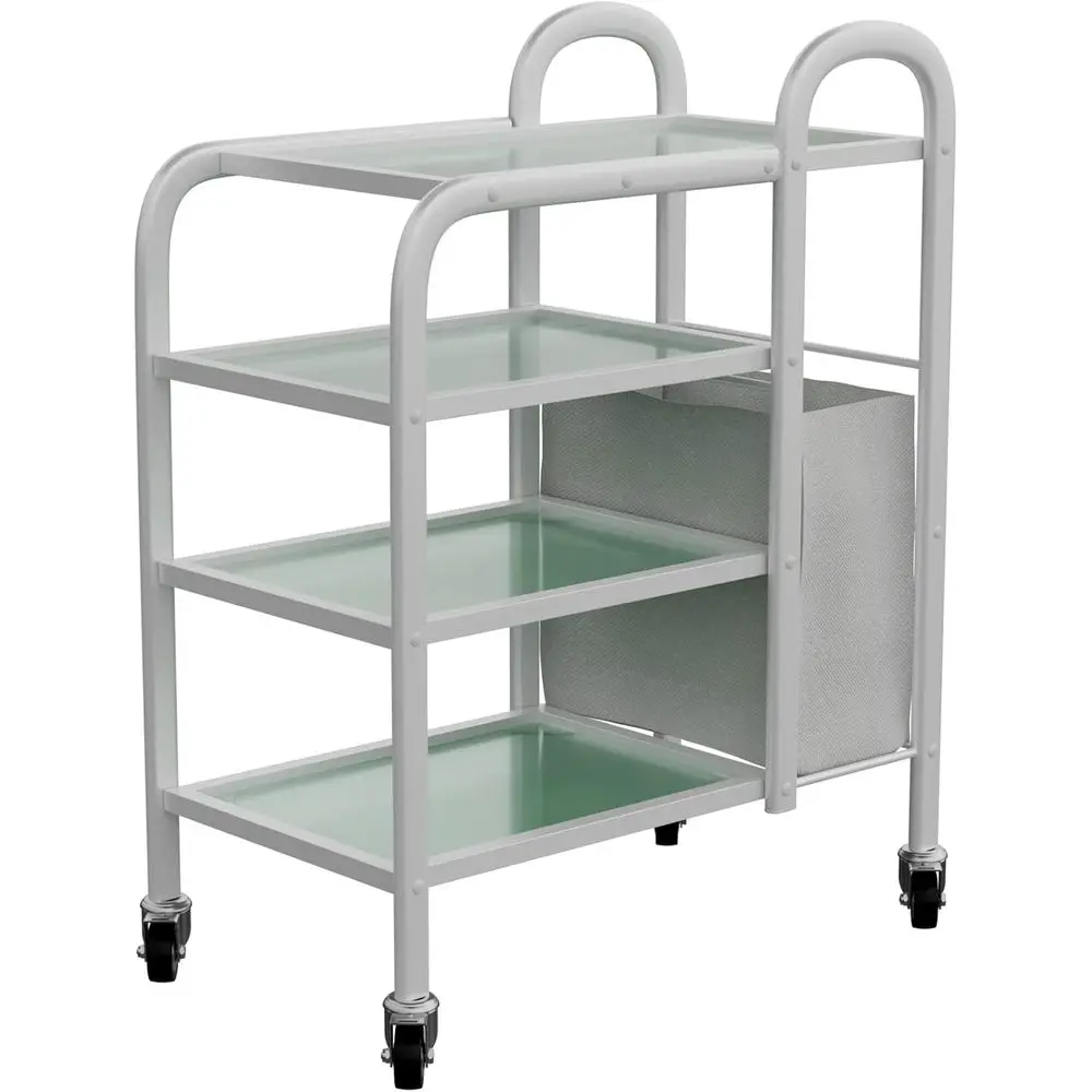 

4-Tier Wax Glass Trolley with Metal Frame and Laundry Hamper - USA-1031