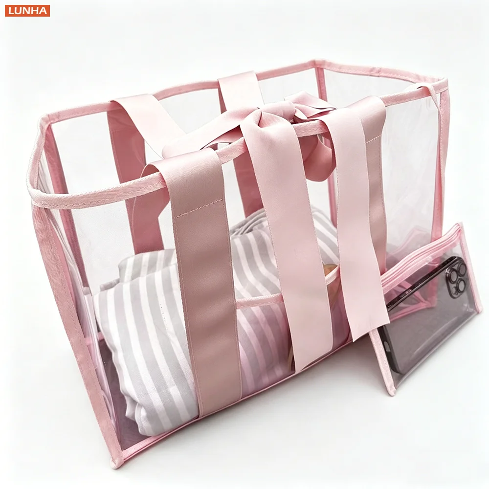 Large Clear Transparent PVC Jelly Bow Tote Bag Waterproof Lightweight Beach & Daily Bags Handbag with Wristlet Pouch